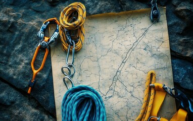 Climbing equipment including ropes, carabiners, and quickdraws arranged on a topographic map. Adventure planning concept for mountaineering and outdoor exploration