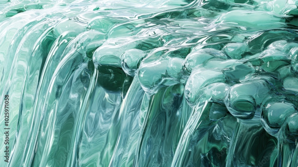 Poster a close-up view of flowing, translucent liquid with bubbles, creating a serene atmosphere.