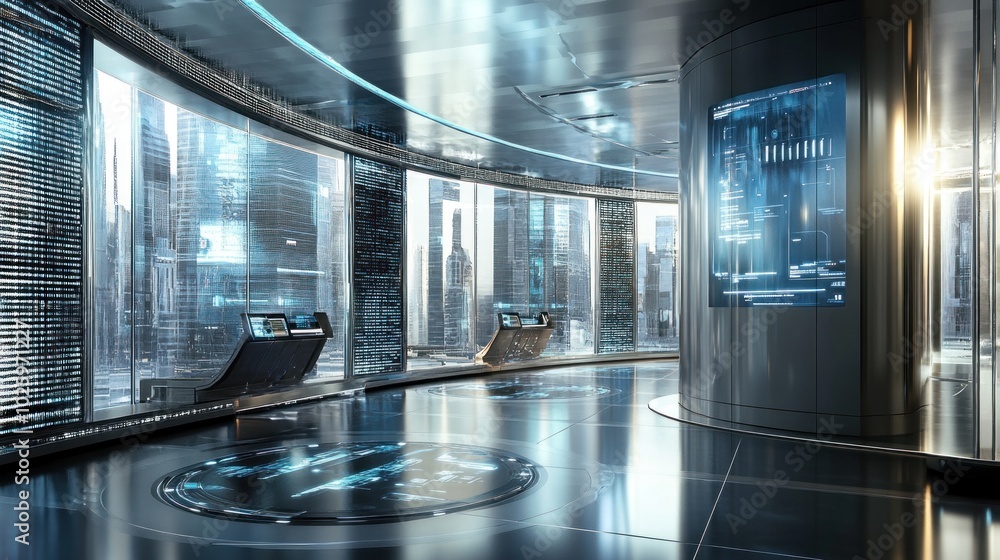 Poster futuristic interior with sleek design and high-tech interfaces for advanced operations.