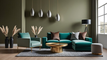 Modern luxury interiors designs. Empty painted wall.dark accent furniture and blank background.Bedroom interior trend 2024 year Modern luxury apricot room interior home designs