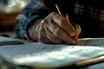 Close-up of a policy maker's hand writing notes on a report about quantitative easing measures