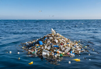 A vast amount of plastic trash floats in calm ocean water, with a seabird trapped in a plastic bag against a clear sky backdrop