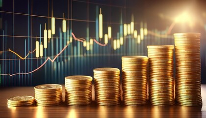 Stacks of coins with a financial chart in the background