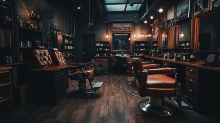 A stylish, modern barber shop for men with leather seats, dark wooden decor, and sleek lighting for a cool, contemporary atmosphere.