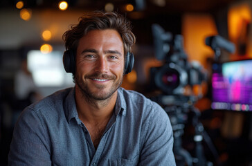 Obraz premium A man wearing headphones smiles while preparing to film in a modern studio setting