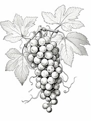 Detailed Line Drawing of a Grape Bunch with Vine Leaves