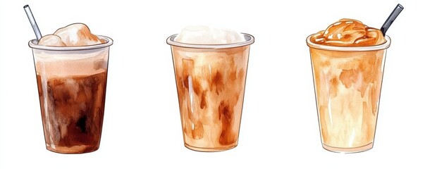 Vector watercolor Iced latte in Plastic cup,caramel,milk coffee,Hand painted watercolor set with coffee drinks for cafe menu,Stunning Coffee Watercolor Paintings with Clipart Elements,copy space.