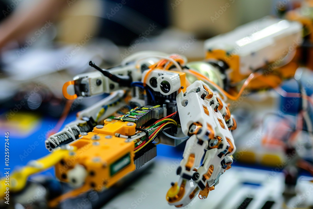 Poster close-up of a robotic arm being assembled intricate servo motors and wiring visible