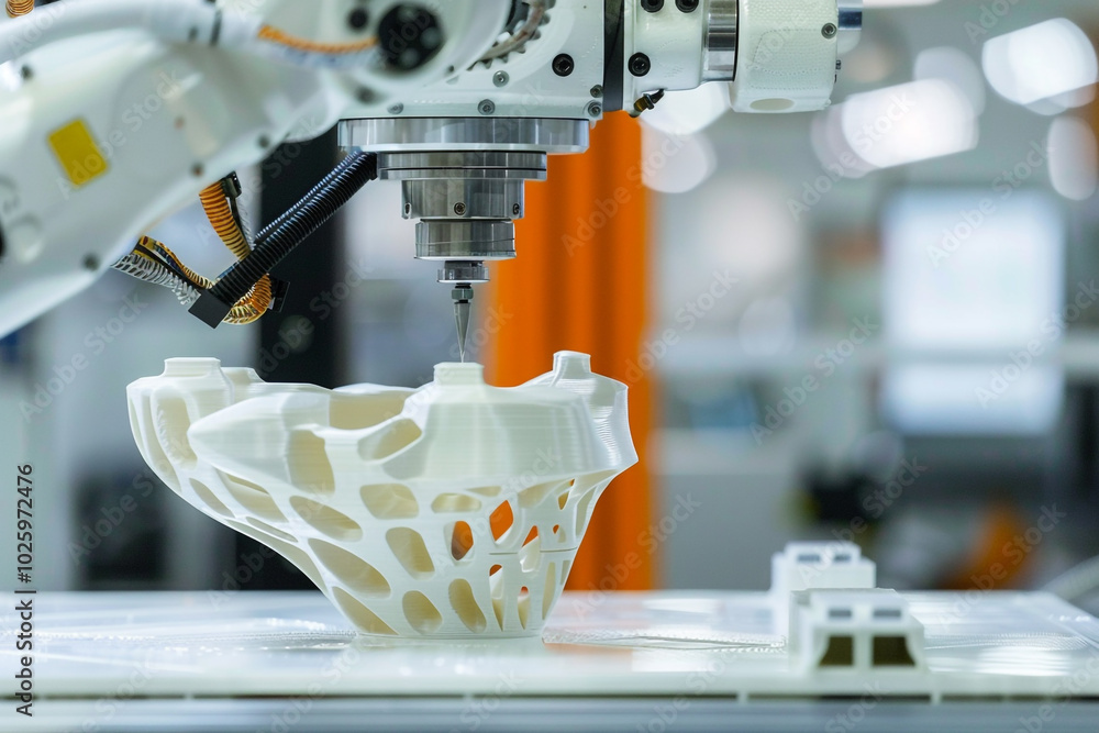 Poster close-up of a robotic arm removing a finished 3d printed part illustrating the integration of automa