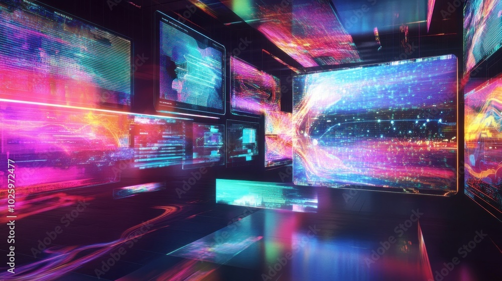 Aufkleber a vibrant digital environment with glowing screens and abstract patterns.