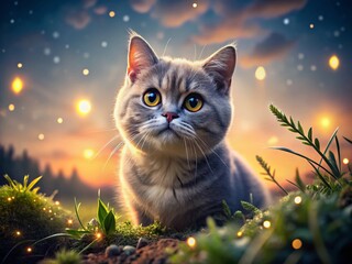 Obraz premium Long Exposure of a British Munchkin Cat in a Dreamy Landscape with Soft Lights and Motion Trails for