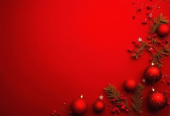Christmas background with fir decorations and red baubles on red background