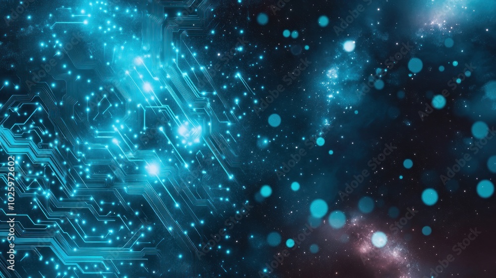 Poster a digital abstract representation of technology and space, featuring circuits and cosmic elements.