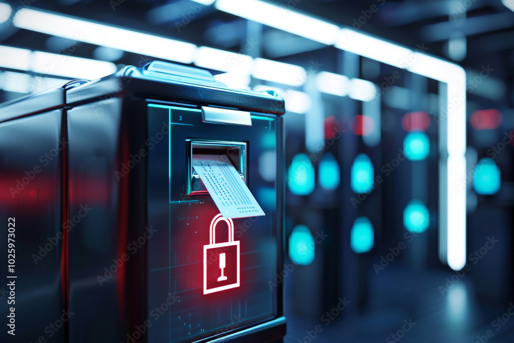 Poster close-up of a secure electronic ballot box with encryption symbols modern design