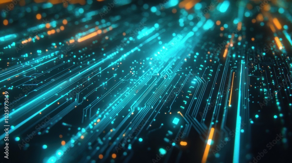 Poster a vibrant abstract representation of digital circuitry with glowing elements.