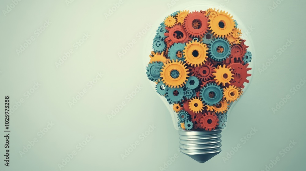 Poster Lightbulb Filled with Interlocking Cogs Representing Innovation