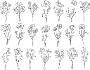 Set of different line art flower bouquets. Hand drawn botanical vector set. Trendy floral wildflowers, leaves set.