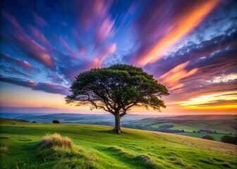 Fototapeta premium Low Light Exmoor Tree at Dusk - Captivating Nature Scene for Stock Photography