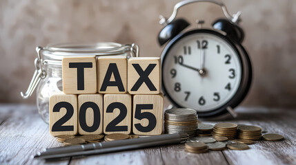 Tax and Vat 2025 Concept. The image shows an alarm clock, a jar of coins, a pen and wooden blocks spelling out "TAX 2025"..ai