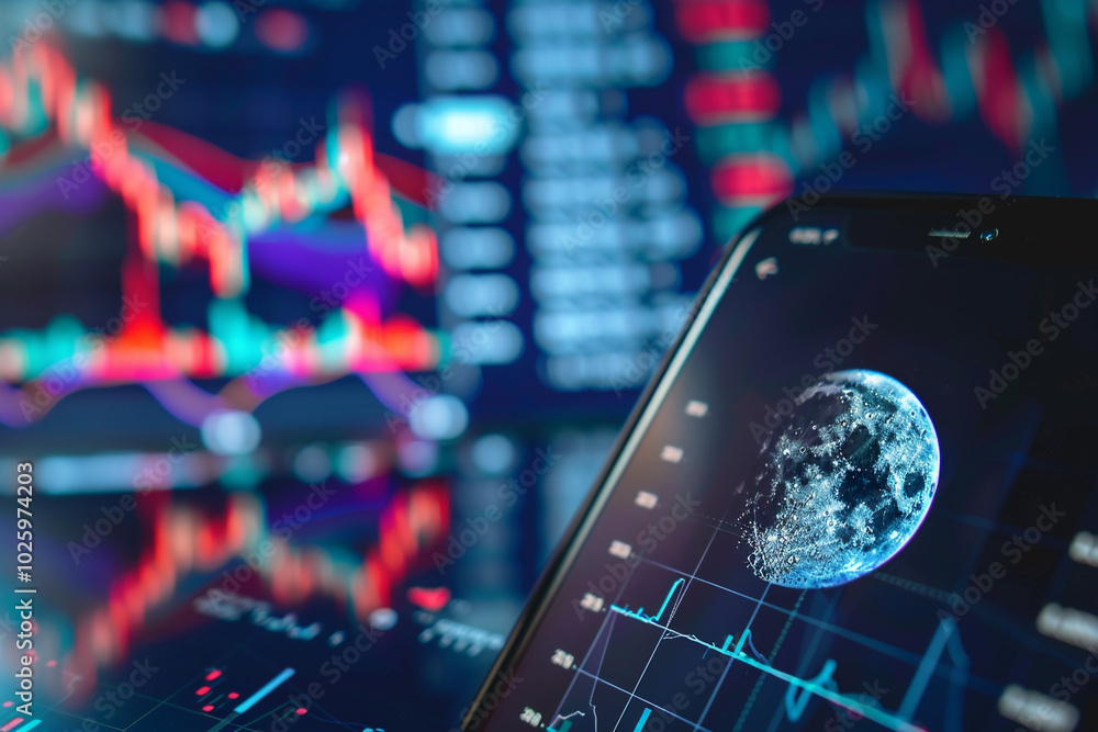 Poster close-up of a smartphone displaying a crypto app bitcoin value graph spiking upwards, moon graphic a