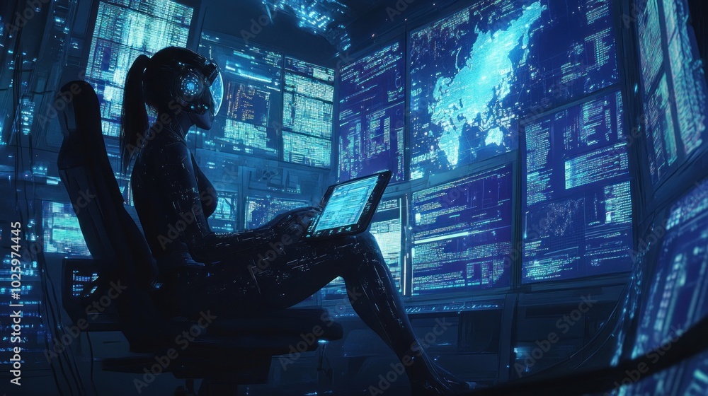 Poster a futuristic figure interacts with digital interfaces in a high-tech control room.