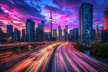 Fototapeta premium Busy City Highway at Dawn with Skyscrapers