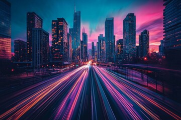 Fototapeta premium Busy City Highway at Dawn with Towering Skyscrapers