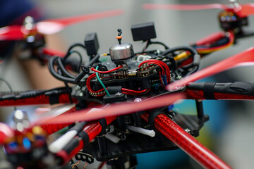 Close-up of a sophisticated drone's navigation system propellers and sensors being fine-tuned