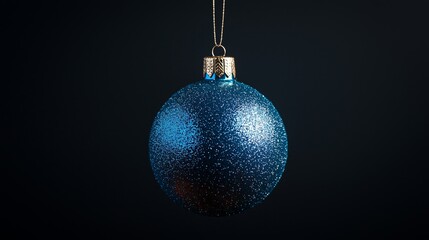 Single Blue Glittery Christmas Ornament with Metallic Gold Cap and Silver String Against Black Background