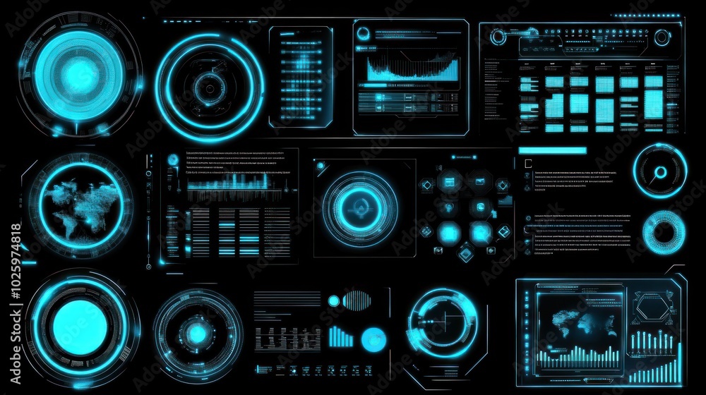 Aufkleber Futuristic User Interface with Blue Glowing Elements and Data Displays