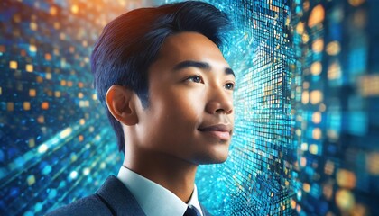 Artificial human face silhouette constructed from intricate digital neural networks and data flows representing AI evolution

