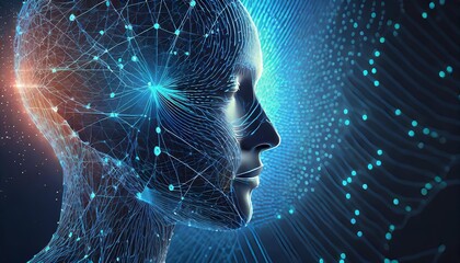 Abstract AI face profile with neural connections and data streams blending into a high-tech background symbolizing intelligent computing
