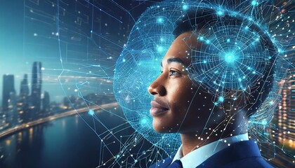 Human face structure formed from networked nodes and complex circuits representing advanced AI concepts and machine learning systems

