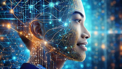 Glowing digital face profile integrated with neural circuits and high-tech elements symbolizing the concept of intelligent AI systems
