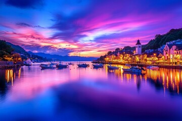 Obraz premium Serene Lighthouse Overlooking Calm Harbor at Dusk