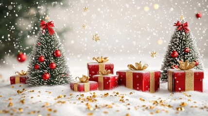 Obraz premium Christmas winter background with christmas tree and gifts in snowdrift,Realistic 3d design Xmas card decoration,gift box,fir branches,Merry Christmas,Happy new year banner,Vector illustration.