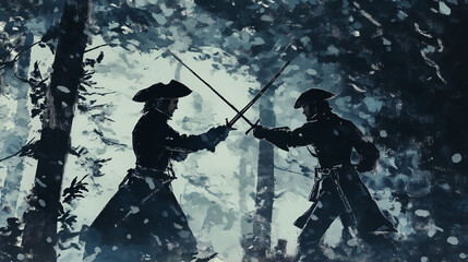 Two figures duel with swords in a snowy forest, their silhouettes stark against the wintery backdrop.