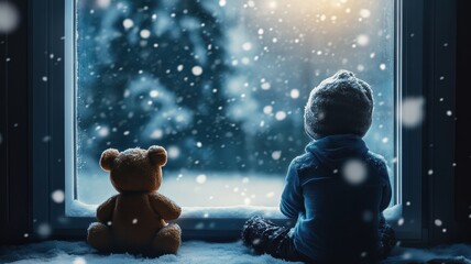 Sad Kid cuddle teddy bear sitting near window and snow fall in the morning,alone kid looking snowflakes with sad face,Mental health child,parental mistakes in raising children.