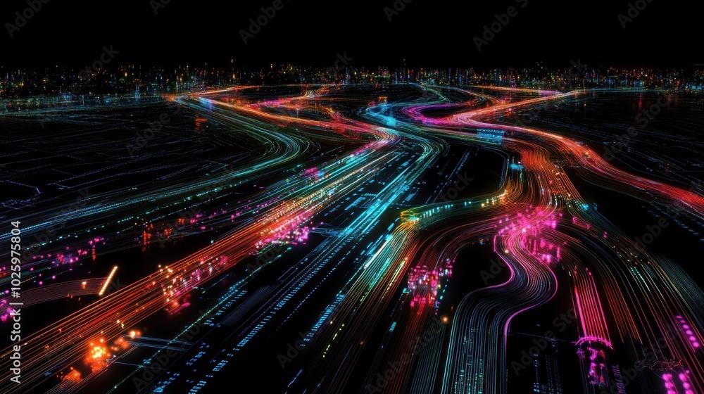 Poster a vibrant, abstract representation of a cityscape with illuminated roads and traffic patterns.