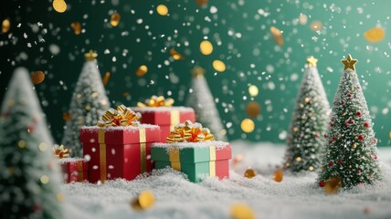 Christmas winter background with christmas tree in snowdrift,Realistic 3d design Xmas card decoration,gift box,fir branches, pine cones,Merry Christmas,Happy new year banner,Vector illustration.