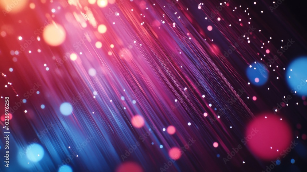 Poster abstract background with diagonal lines, red and blue bokeh and light streaks.