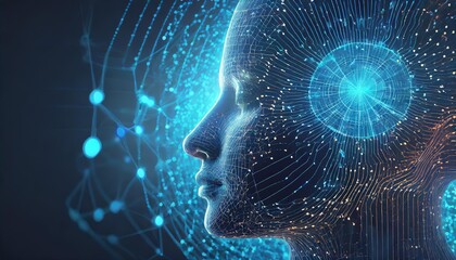 Futuristic human face made of intertwined neural networks and digital circuits representing artificial intelligence and data processing

