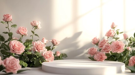 Elegant 3D podium pink rose flowers and white backdrop perfect for showcasing Valentines Day gifts Romantic spring setting with subtle garden and beauty stand elements