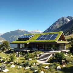 Obraz premium A futuristic eco-home with solar panels, green roofs, and large glass windows