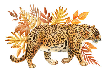 Leopard with fall foliage. Autumn inspired exotic animal illustrations for art lovers, wildlife Watercolor wild cat