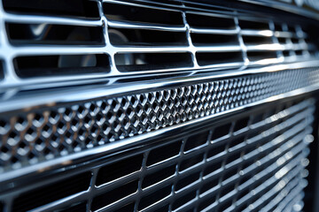 Closeup of an aluminum car radiator showcasing the intricate mesh pattern for efficient cooling space for text