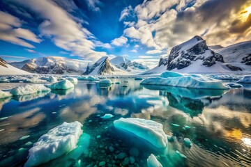 Naklejka premium Majestic Antarctica: Long Exposure of Giant Icebergs in Turquoise Waters - Climate Change and Ecology Impact