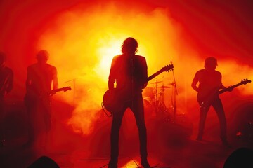 Rock band playing live music on stage with red lights