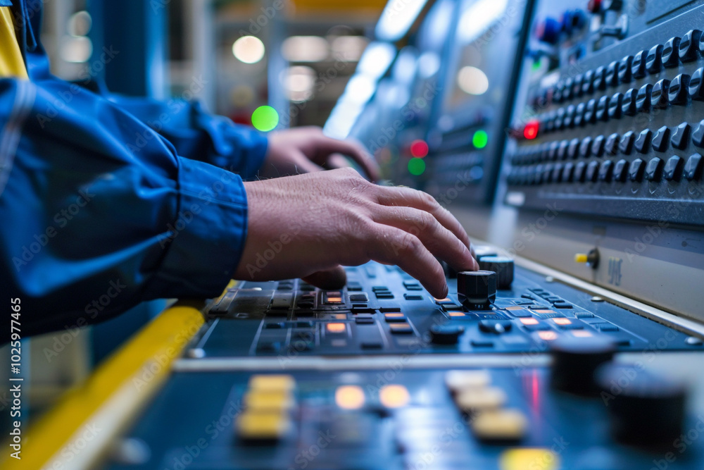 Poster close-up of an automation engineer calibrating a robotic assembly line control panel in focus
