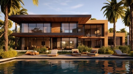Obraz premium Modern Villa with a Pool and Palm Trees